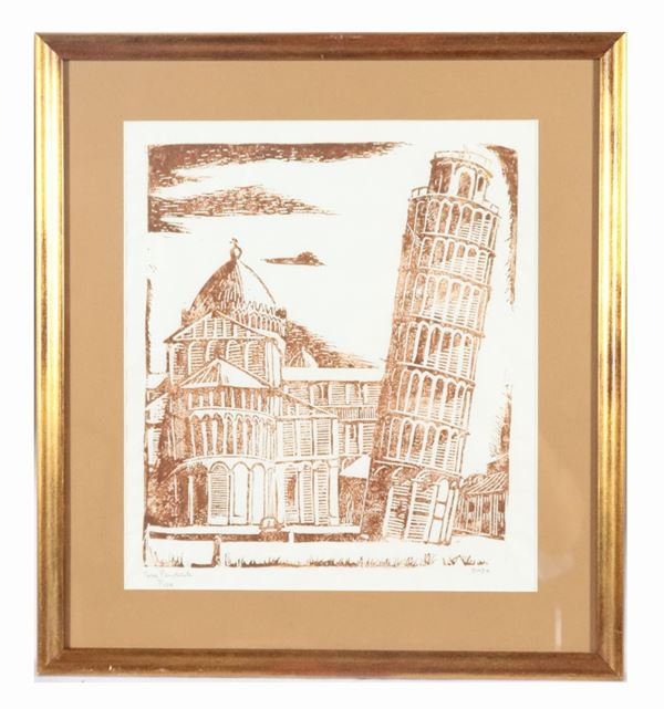 Disegno su carta "La Torre di Pisa". Firmato.