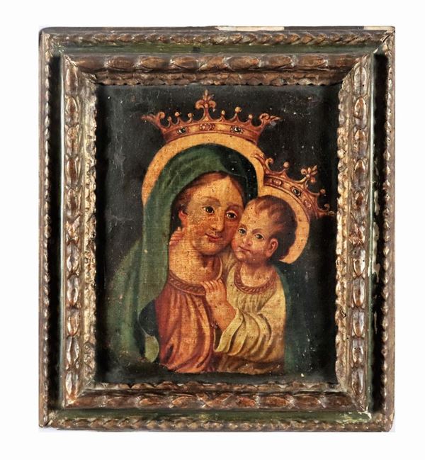 Scuola Italiana Inizio XIX Secolo - "Madonna con Bambino" piccolo dipinto ad olio su tela