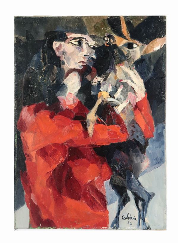 Ennio Calabria - "Study for a figure with a small roe deer". Signed and dated 1964. Oil painting on canvas