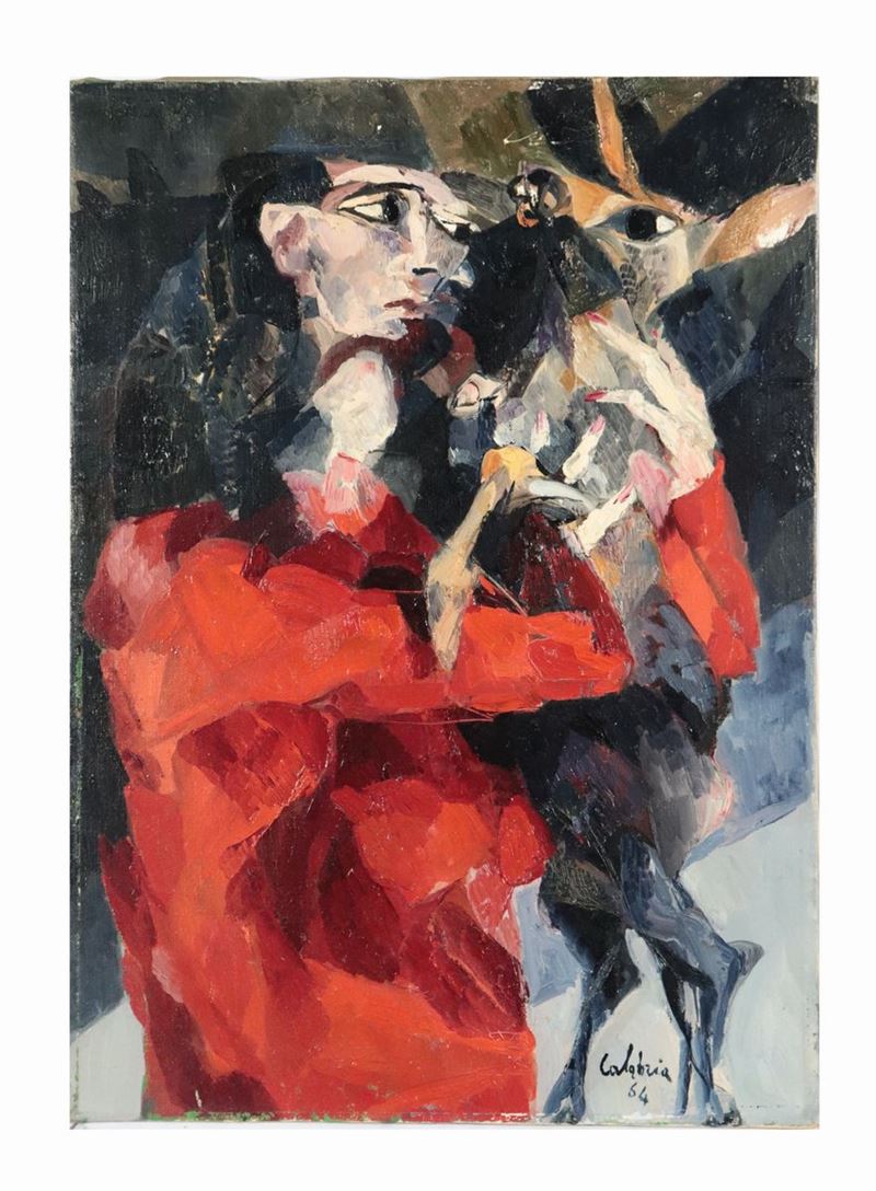 "Studio per figura con piccolo capriolo". Firmato e datato 1964. Dipinto ad olio su tela