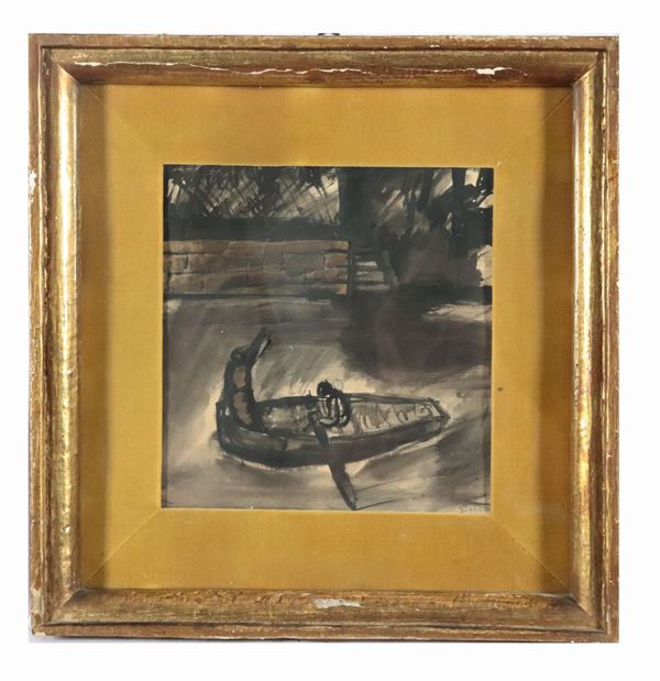Pittore Italiano Inizio XX Secolo - "Man with boat and watercourse" small tempera on paper