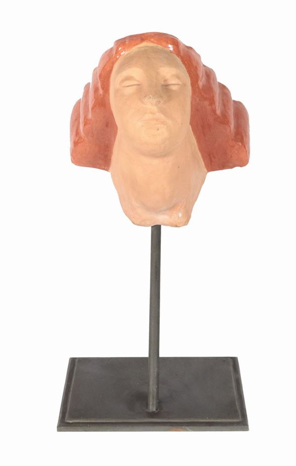 Arte Contemporanea - "Face of a woman" sculpture in decorated and glazed terracotta