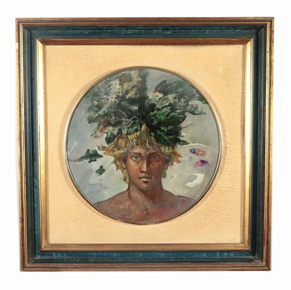 Paolo Emilio Bergamaschi - "Boy's face with vegetables triumph". Signed. Round oil painting on wood