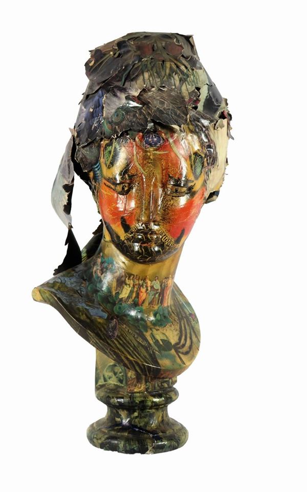 Bust of girl in decorated plaster and papier mache. Signed Esmeralda 1974.
