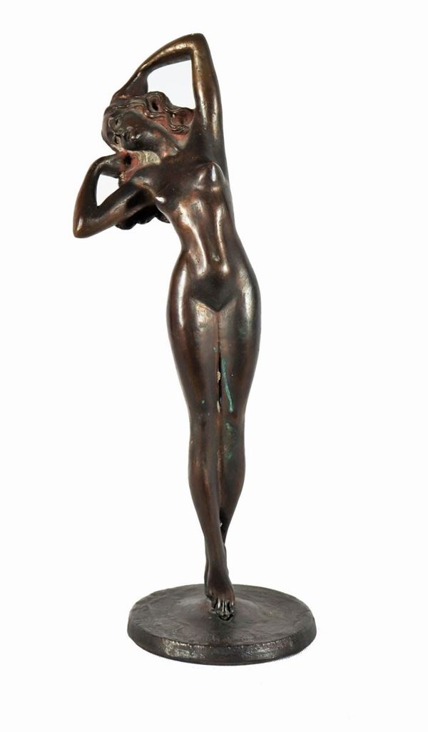 Ancient bronze sculpture "Nude of a young girl". Signed and dated 1880.