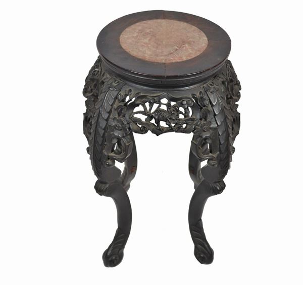 Chinese stool in black lacquered wood with marble top