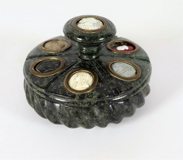 Ancient Roman inkwell in round-shaped serpentine green marble
