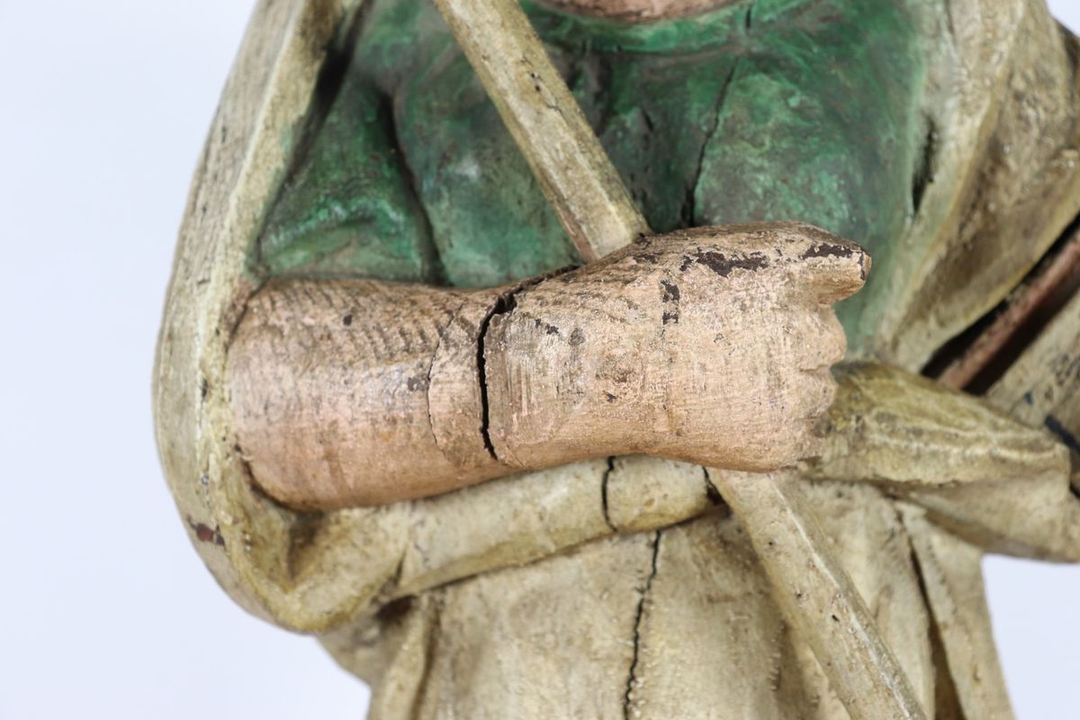 Antica scultura "Santa con messale e cero" in legno policromato