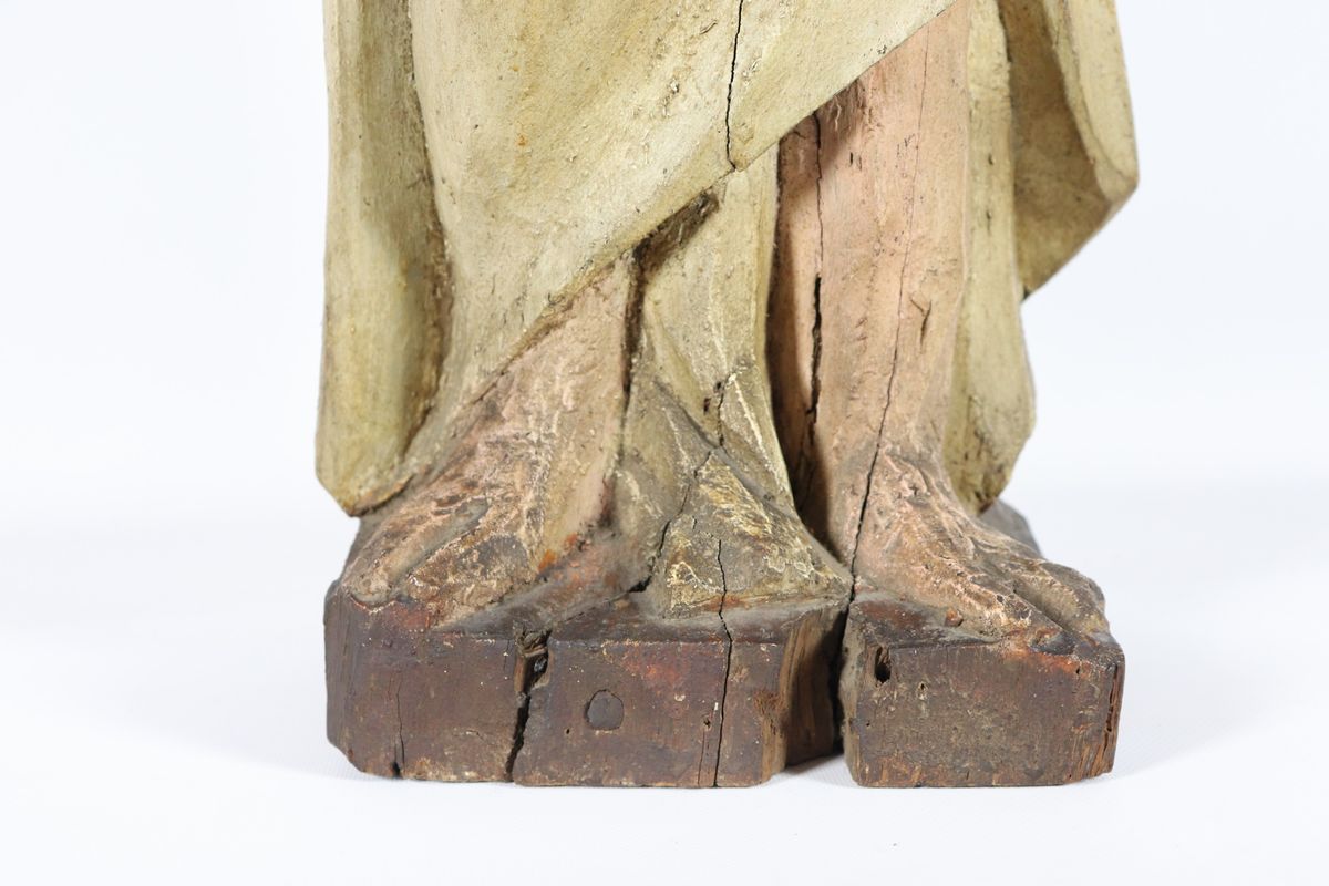 Antica scultura "Santa con messale e cero" in legno policromato