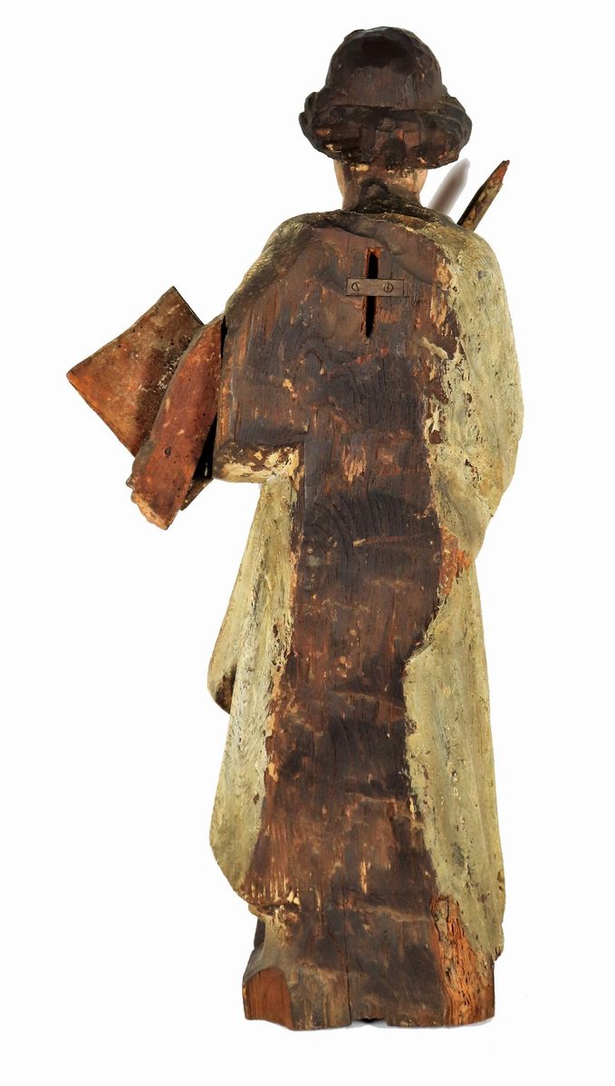 Antica scultura "Santa con messale e cero" in legno policromato