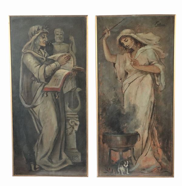 Pittore Italiano Inizio XX Secolo - "Dante and Beatrice". Signed. Pair of paintings