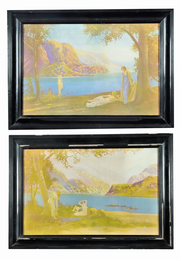Pre-Raphaelite period. "Landscapes with girls on the lawn" pair of colored and printed embroidery cloths