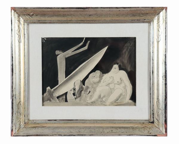 Pittore Italiano Inizio XX Secolo - "Fantastic subject" drawing in ink and watercolor on canvas