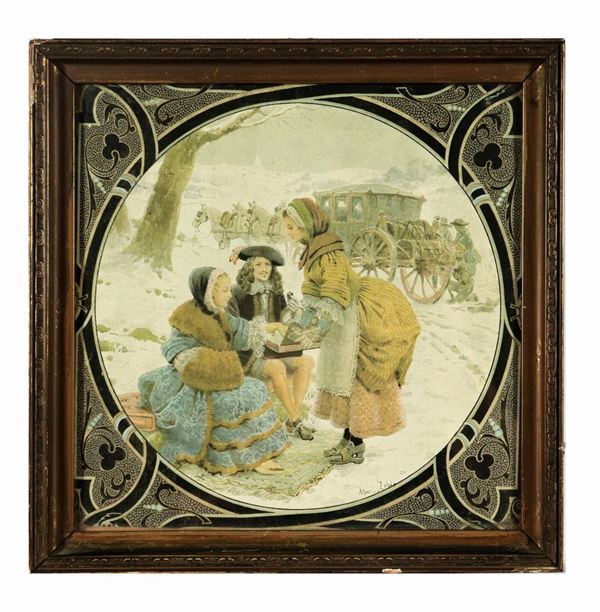 Small watercolor engraving on paper "The stop with the nobles' breakfast" by Maurice Leloir (Paris 1853 - 1940)