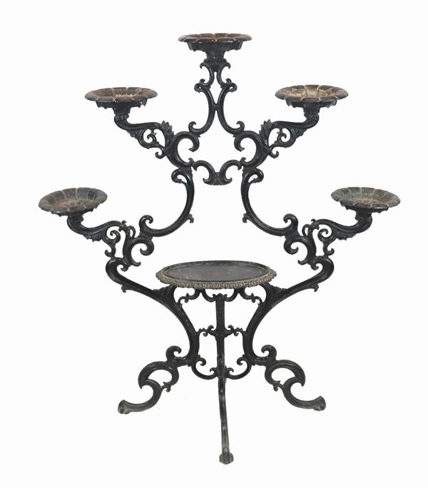 Antique floor candle holder in wrought iron, black lacquered