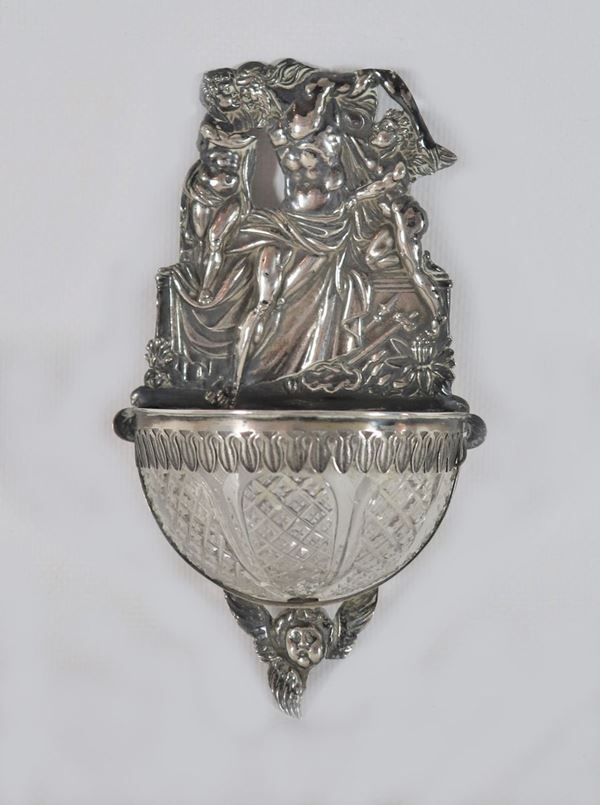 Antica acquasantiera in argento e cristallo