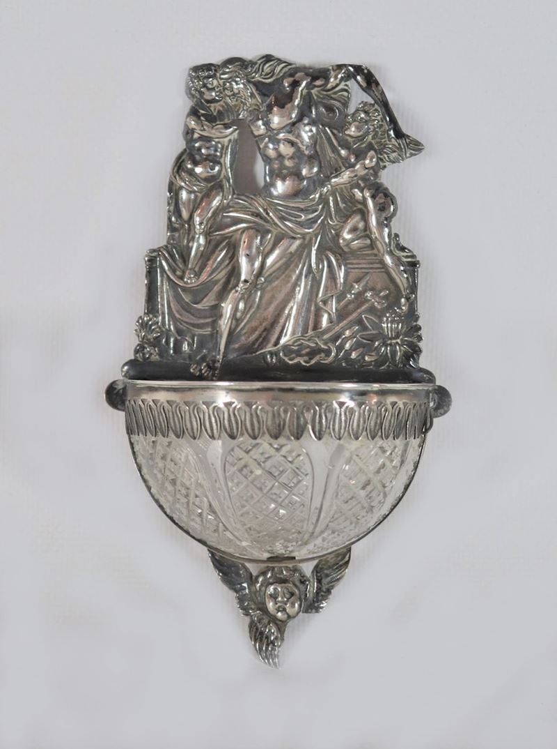 Antica acquasantiera in argento e cristallo