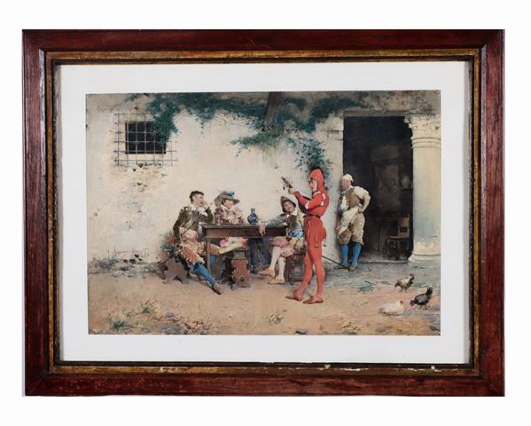 Gustavo Simoni - "Cavalieri alla locanda con menestrello". Firmato ed iscritto Roma 1877. Finissimo acquarello su carta 