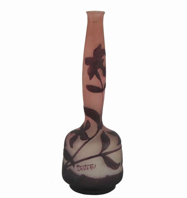 French Art Nouveau vase signed Deveau in glass worked with floral motifs