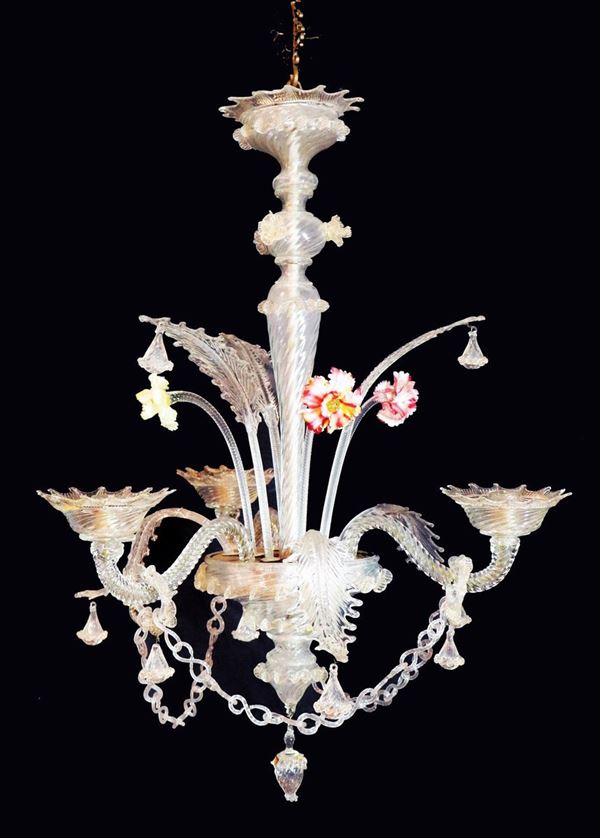 Murano blown glass chandelier with colorful leaves and flowers
