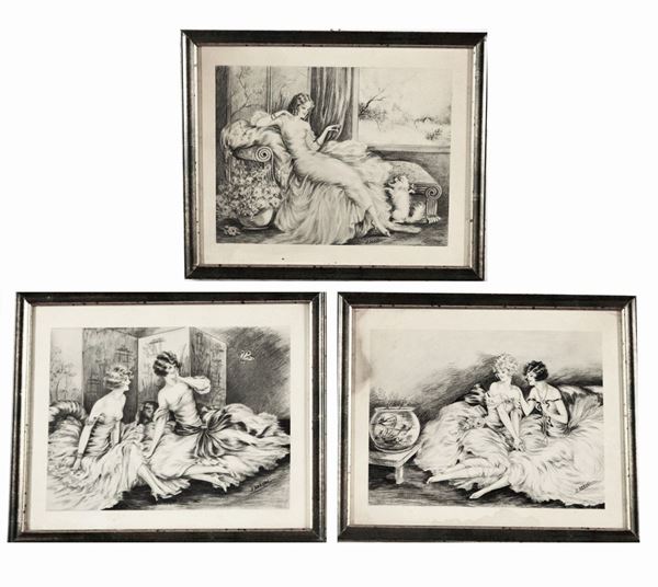 Lot of three antique small French prints "Young ladies"