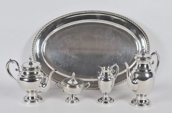 Tea and coffee set in silver metal with tray (5 pcs)