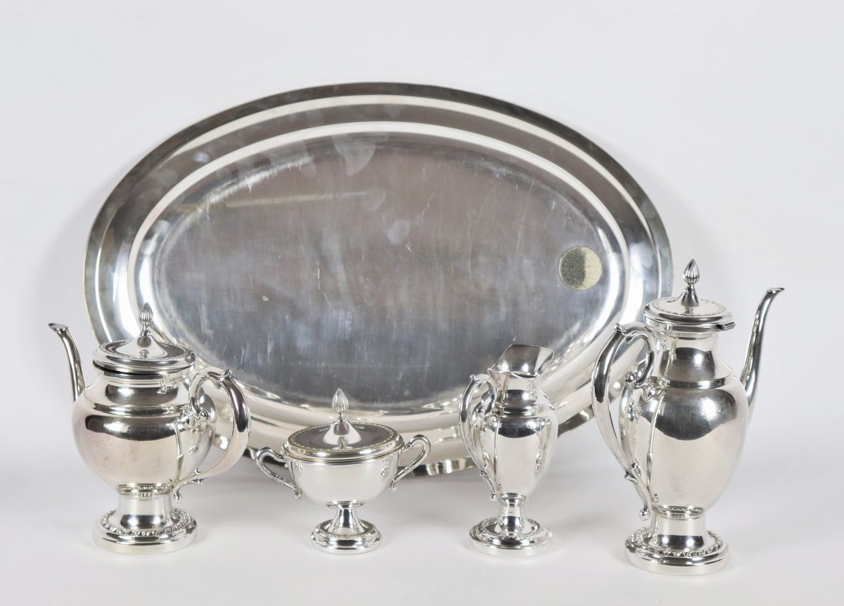 Servizio da tè e caffè in metallo argentato con vassoio (5 pz)