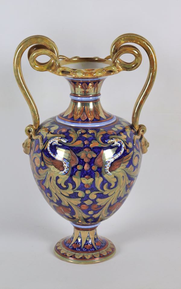 Amphora vase in glazed and glazed majolica marked A. Rubboli Gualdo Tadino