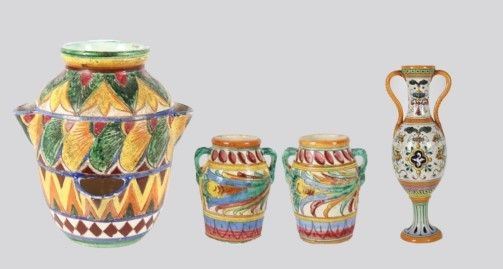 Lot of four terracotta and majolica vases