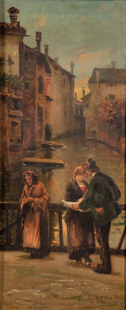 Pittore Italiano Fine XIX - Inizio XX Secolo - &quot;Calle a Venezia con ponticello e personaggi&quot;