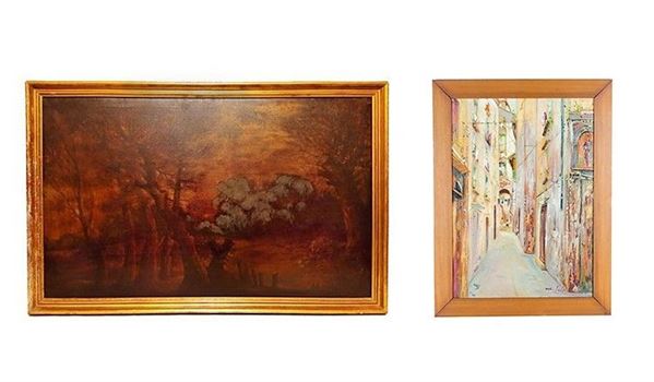Scuola Italiana XX Secolo - "Bosco autunnale" e "Vicolo di Salerno", due dipinti ad olio su tela
