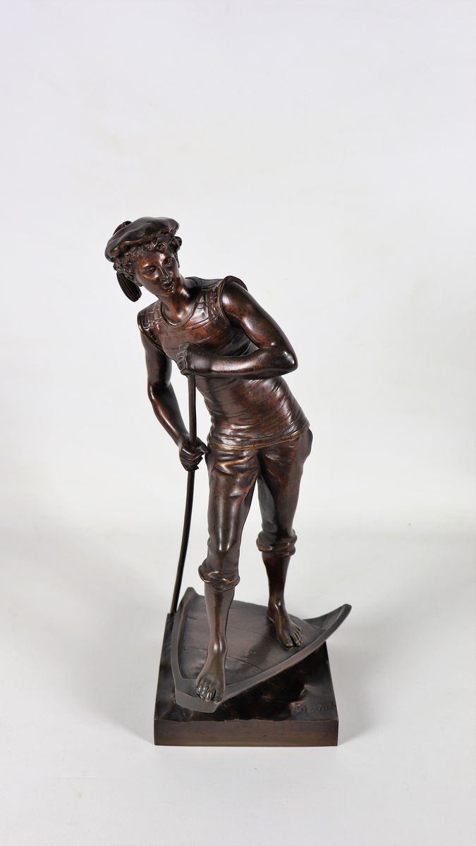 Antica scultura francese in bronzo "Gondoliere". Firmata.