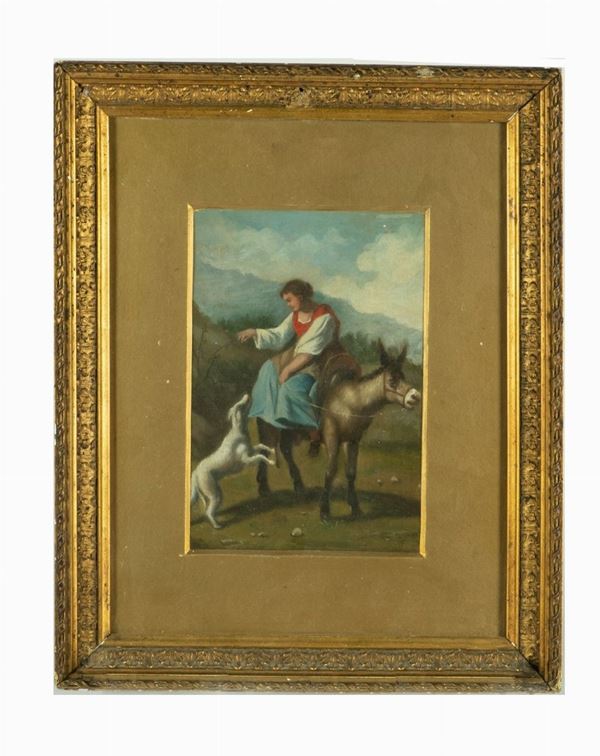 Pittore Italiano XIX Secolo - &quot;Peasant woman with donkey and dog&quot;