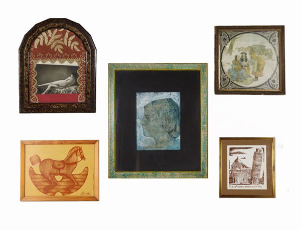Lot of three drawings, a small frame and an engraving (5 pcs)