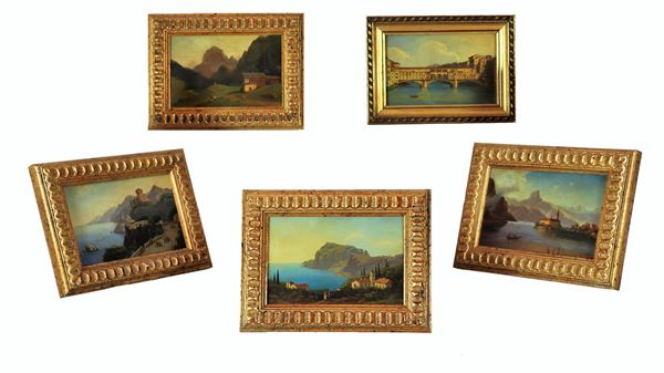 Pittore Europeo XIX Secolo - Siglati J B. 'Vedute di paesaggi italiani e Ponte Vecchio a Firenze' lotto di cinque piccoli dipinti ad olio su rame