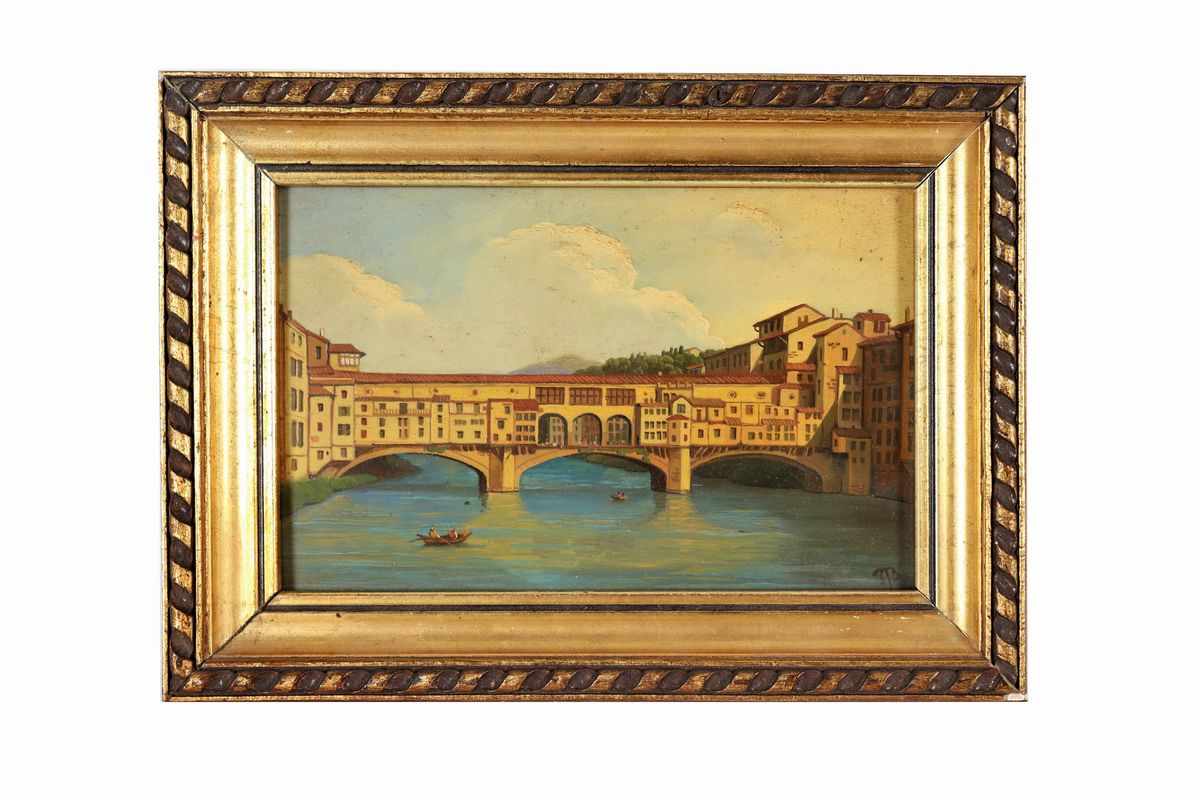 Siglati J B. 'Vedute di paesaggi italiani e Ponte Vecchio a Firenze' lotto di cinque piccoli dipi...