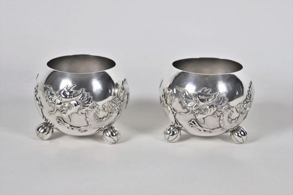 Pair of small embossed silver cups