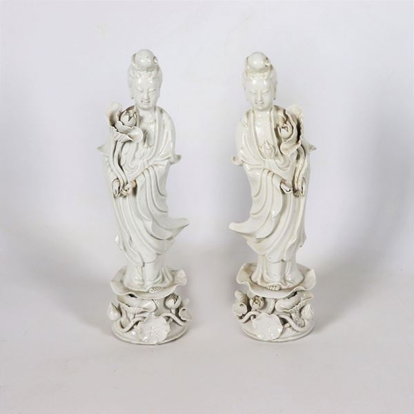 Pair of Guanyin in white porcelain