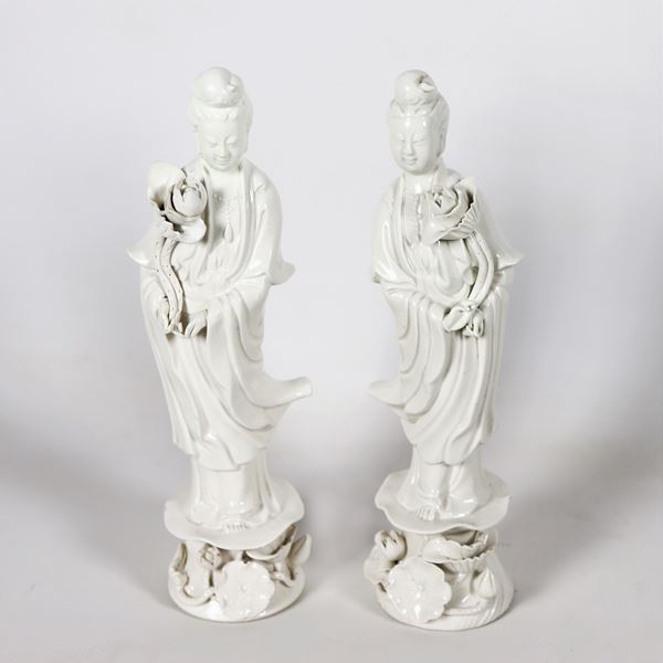 Pair of Guanyin in white porcelain