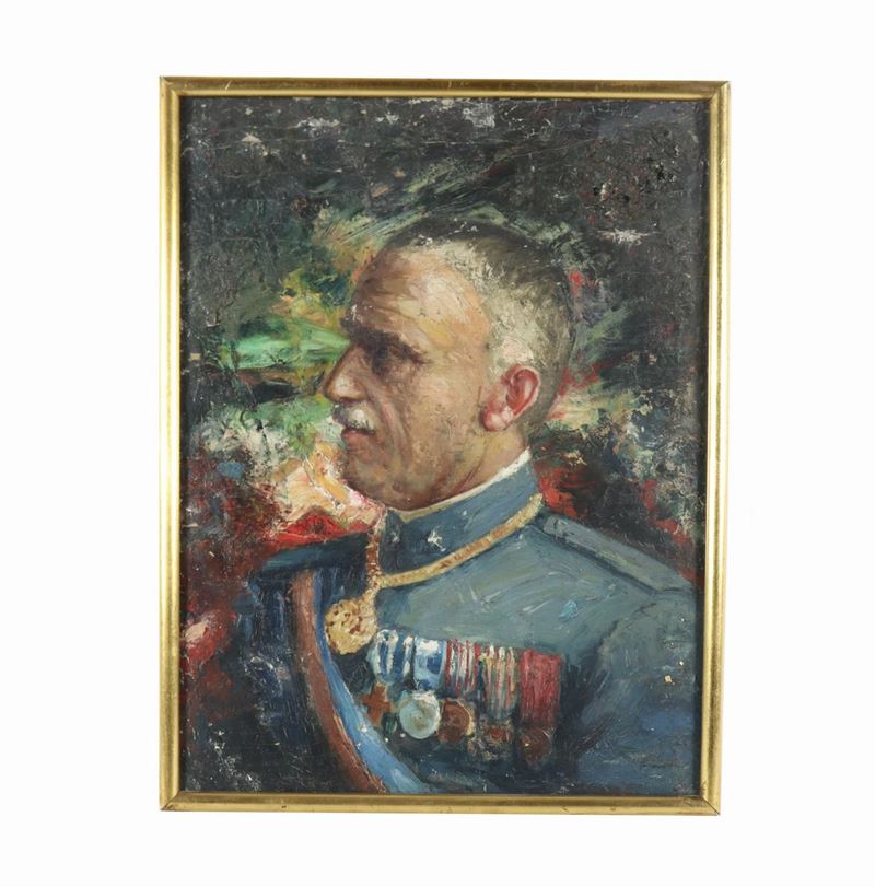 Tracce di firma. "Ritratto di Re Vittorio Emanuele III" dipinto ad olio su tela applicata a tavol...