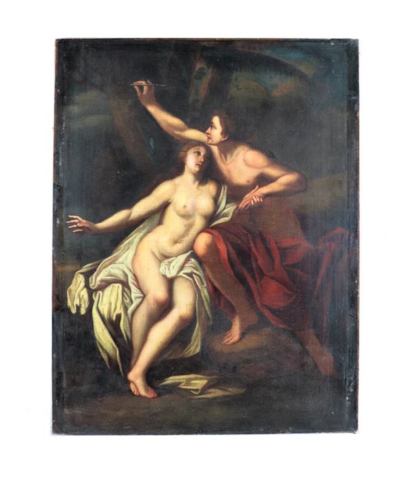 Pittore Bolognese Fine XVII Secolo - "Venere e Adone" dipinto ad olio su tela
