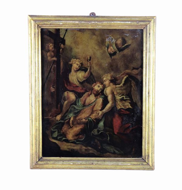 Pittore Bolognese XVIII Secolo - "Christ with angels" painted in oil under glass