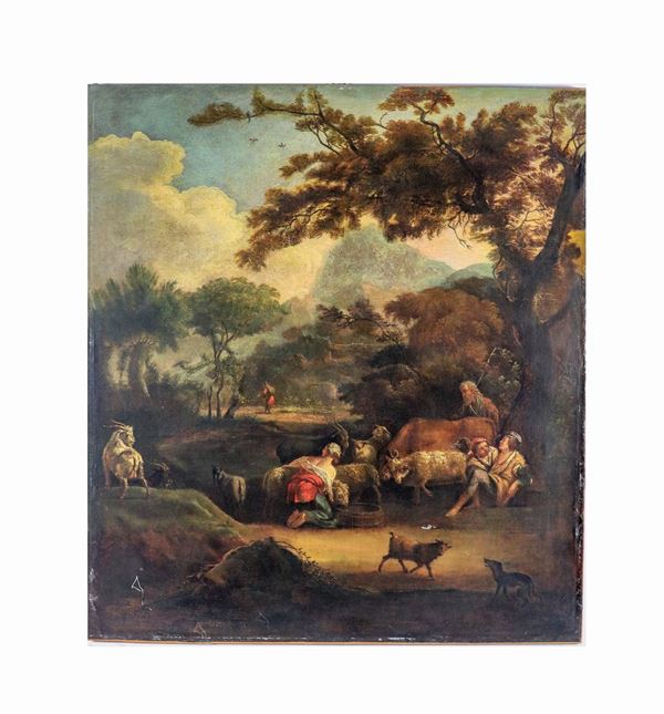 Pittore Italiano Inizio XVIII Secolo - 'Paesaggio con pastori, armenti e gregge' dipinto ad olio su tela