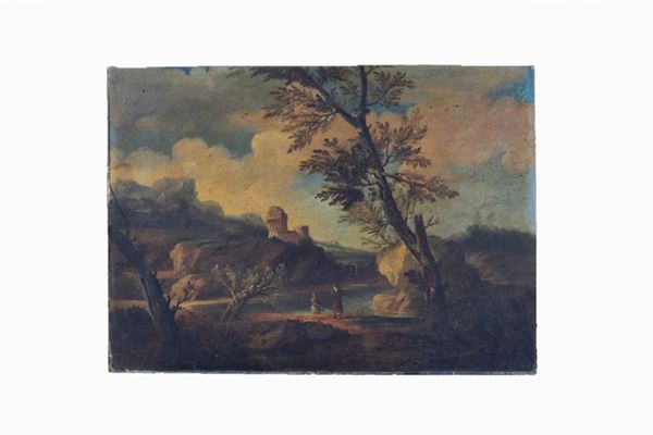 Pittore Romano XIX Secolo - "Paesaggio laziale con viandanti, ruderi e castello" dipinto ad olio su tela applicata a cartone
