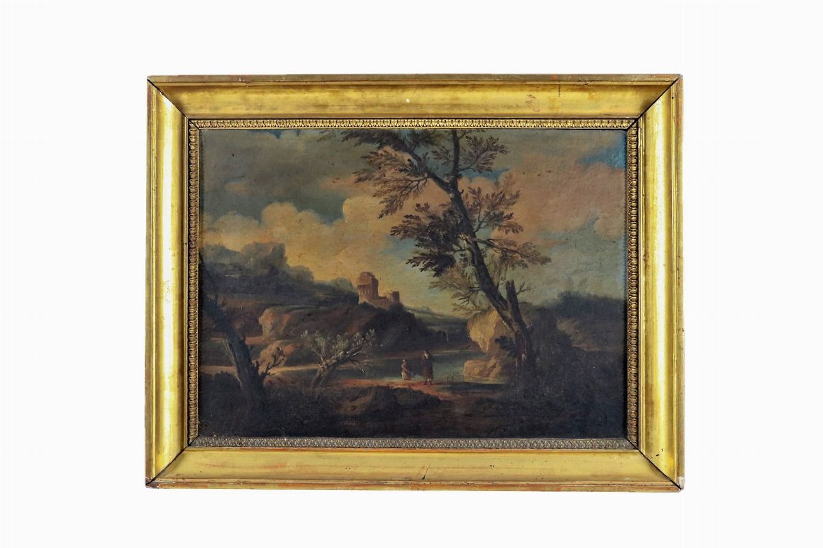 "Paesaggio laziale con viandanti, ruderi e castello" dipinto ad olio su tela applicata a cartone