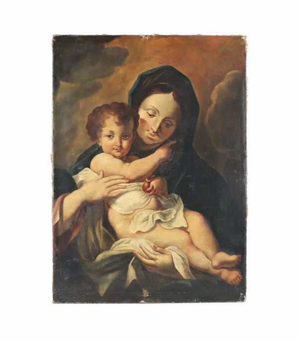 Pittore Italia Centrale Inizio XVIII Secolo - "Madonna con Bambino" dipinto ad olio su tela