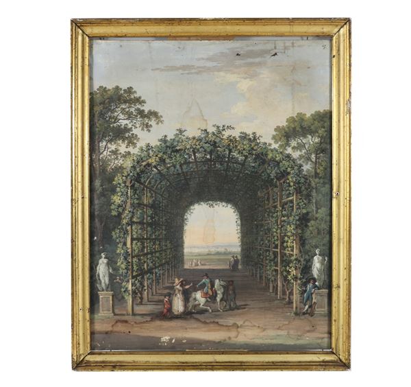 Pittore Napoletano XIX Secolo - "View of the park of a villa with characters and the sea in the background" ancient and valuable tempera painted on paper applied to canvas