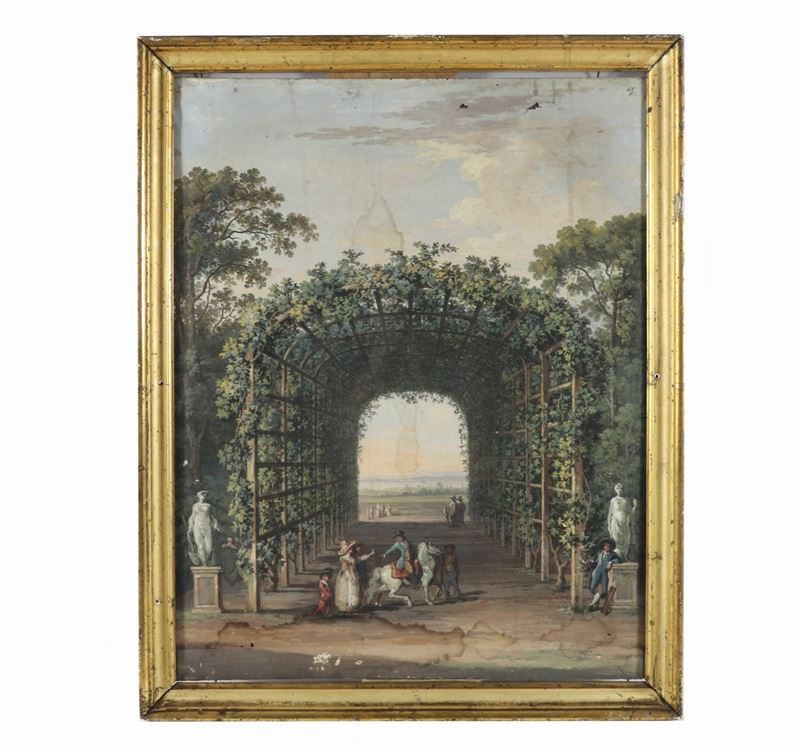 "Veduta di parco di villa con personaggi e mare sullo sfondo" antica e pregevole tempera dipinta ...