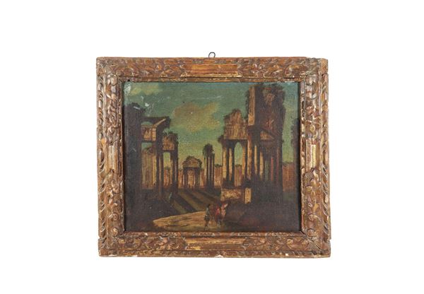 Nicola Viso attivo a Napoli inizio XVIII Secolo - Workshop of. "Roman ruins with wayfarers" small oil painting on canvas