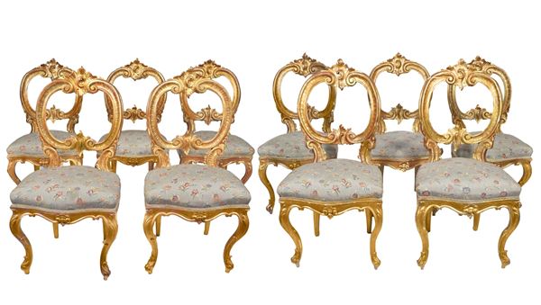 Lotto di dieci sedie napoletane Luigi Filippo in legno dorato